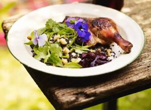 Crispy duck with fire-roasted plum sauce 