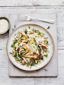 Griddled salmon with herby quinoa