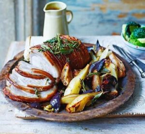 Pear-roasted pork loin joint